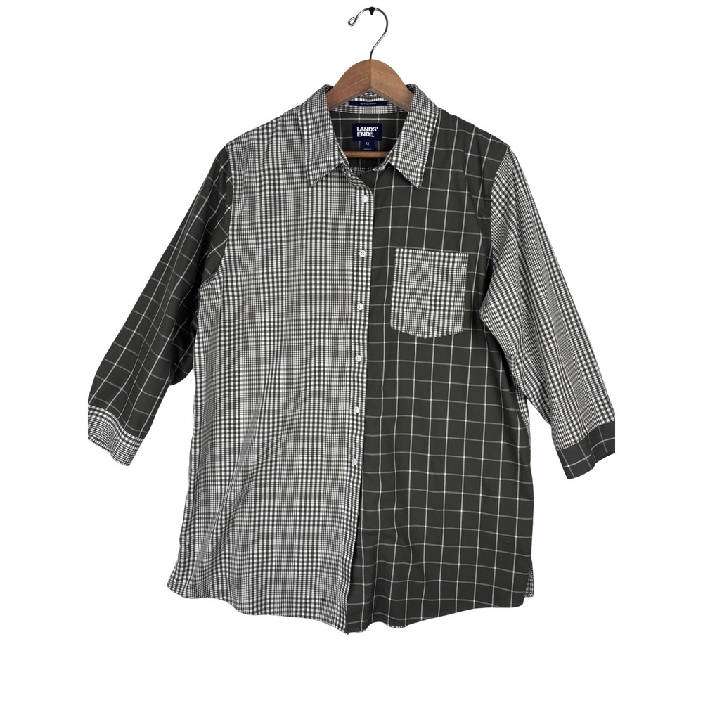 Lands End Button Down Shirt Size 12 Plaid No Iron Supima Cotton Blouse Patchwork